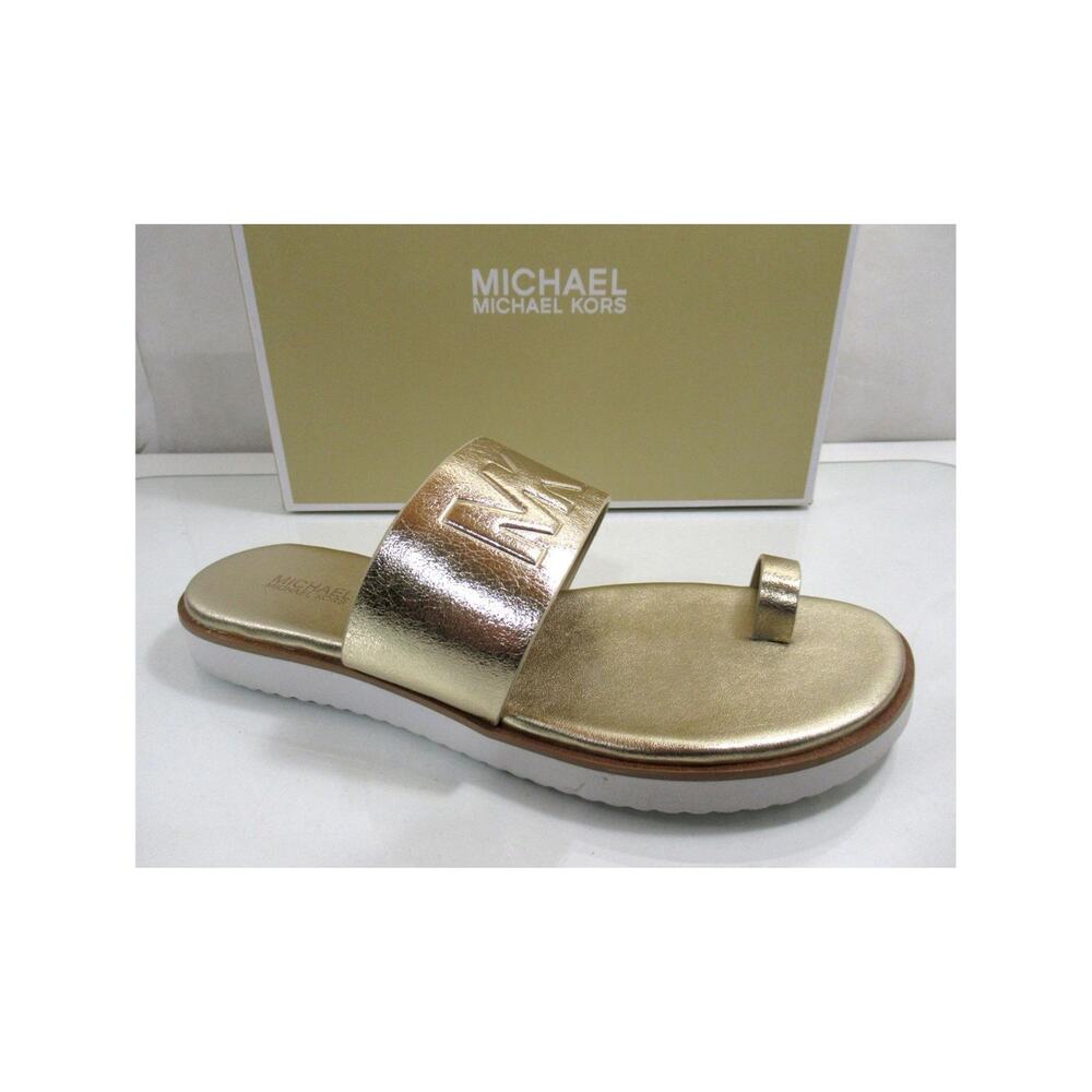 Michael Kors Rosa Metallic Slide Toe Ring Flat Sandal MK Logo Pale Gold Size 8.5